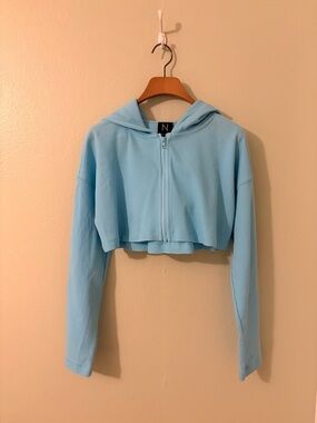 NWOT naked wardrobe Pastel Blue Waffle Knit Cropped Hoodie